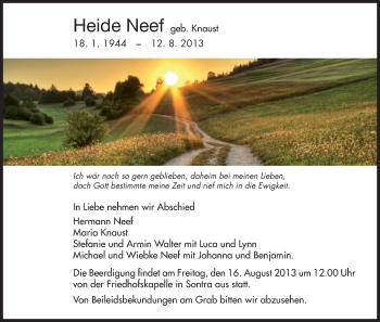 Traueranzeige von Heide Neef von Eschwege