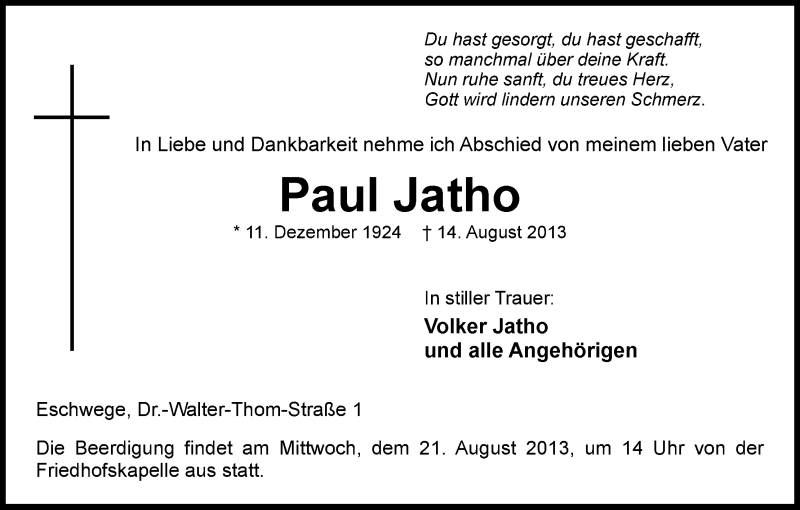  Traueranzeige für Paul Jatho vom 17.08.2013 aus Eschwege