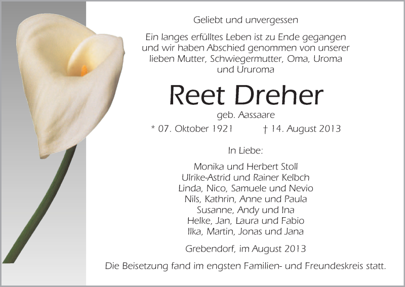  Traueranzeige für Reet Dreher vom 31.08.2013 aus Eschwege