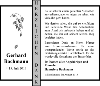 Traueranzeige von Gerhard Bachmann von Eschwege