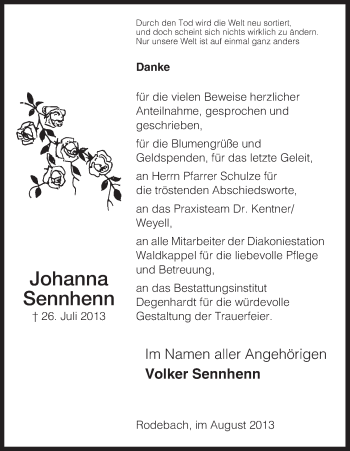 Traueranzeige von Johanna Sennhenn von Eschwege