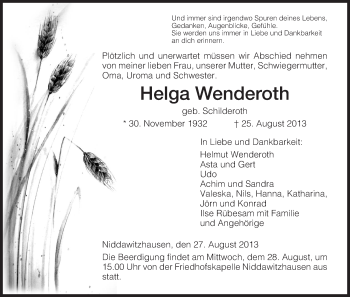 Traueranzeige von Helga Wenderoth von Eschwege