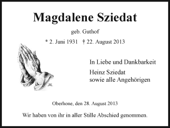 Traueranzeige von Magdalene Sziedat von Eschwege