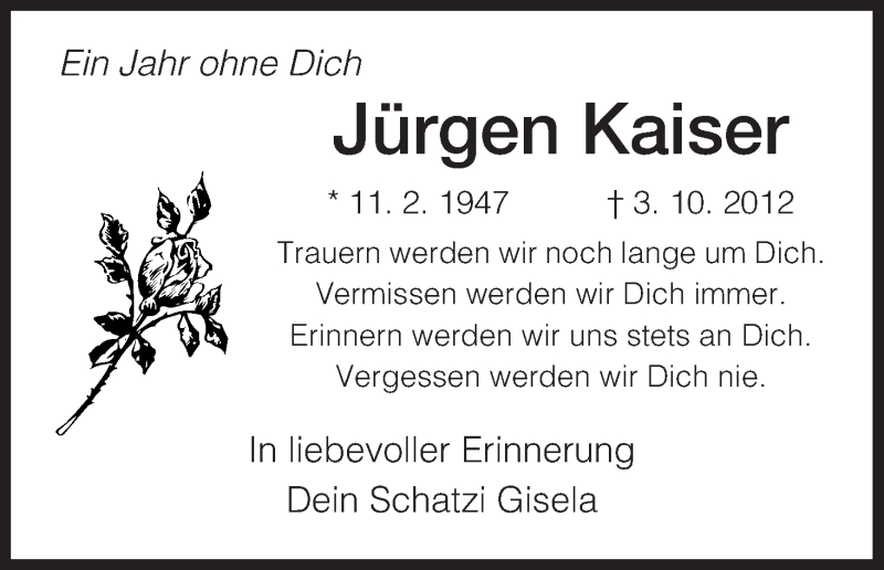  Traueranzeige für Jürgen Kaiser vom 03.10.2013 aus Eschwege
