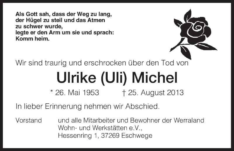  Traueranzeige für Ulrike Michel vom 29.08.2013 aus Eschwege