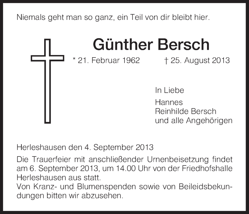  Traueranzeige für Günther Bersch vom 04.09.2013 aus Eschwege