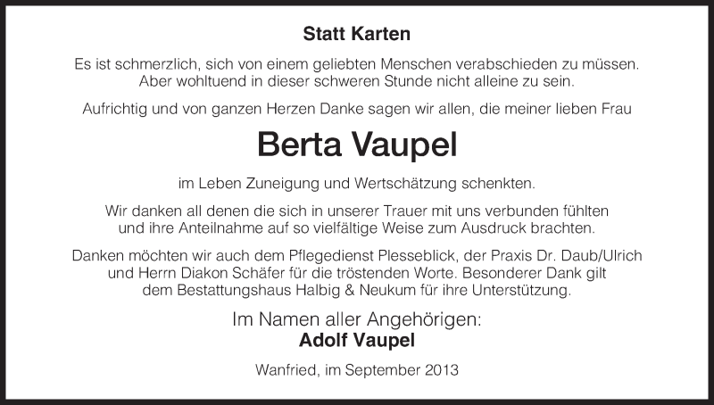  Traueranzeige für Berta Vaupel vom 07.09.2013 aus Eschwege