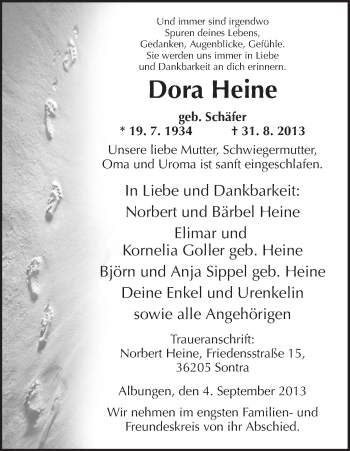 Traueranzeige von Dora Heine von Eschwege