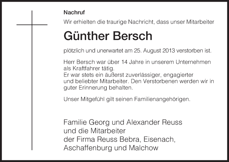  Traueranzeige für Günther Bersch vom 06.09.2013 aus Eschwege