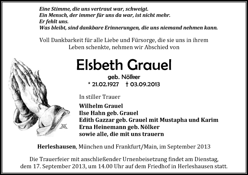  Traueranzeige für Elsbeth Grauel vom 11.09.2013 aus Eschwege