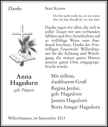 Traueranzeige von Anna Hagedorn von Eschwege