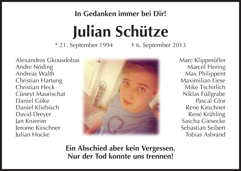  Traueranzeige für Julian Schütze vom 17.09.2013 aus Eschwege