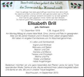 Traueranzeige von Elisabeth Brill von Eschwege