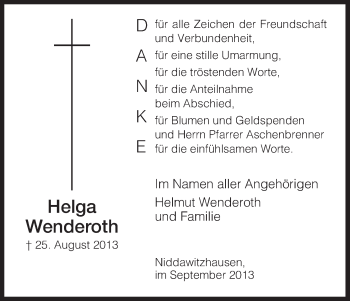 Traueranzeige von Helga Wenderoth von Eschwege