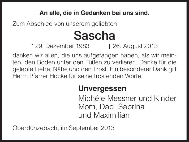  Traueranzeige für Sascha Messner vom 21.09.2013 aus Eschwege