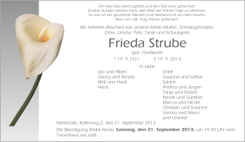 Traueranzeige von Frieda Strube von Eschwege