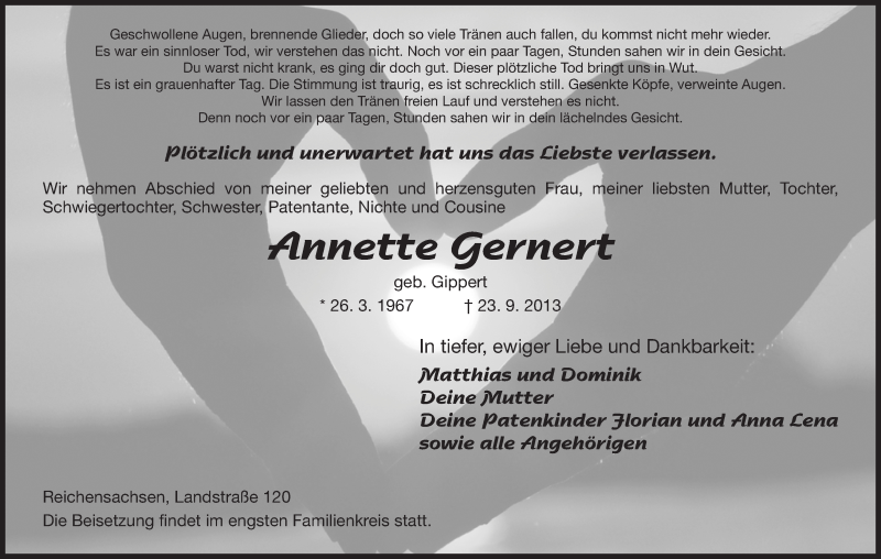  Traueranzeige für Annette Gernert vom 28.09.2013 aus Eschwege