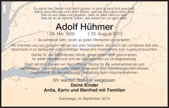 Traueranzeige von Adolf Hühmer von Eschwege