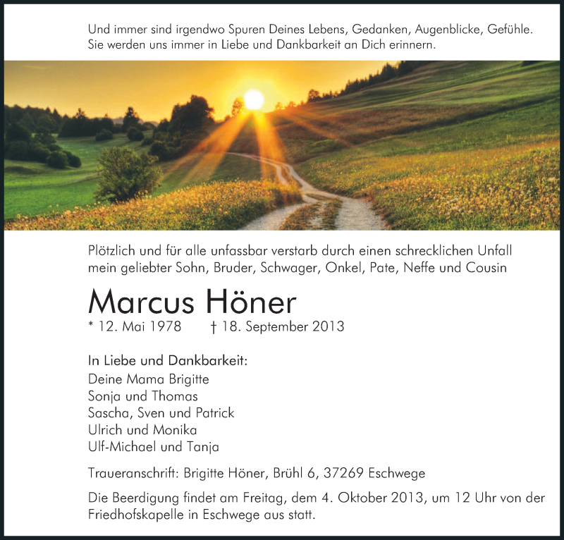  Traueranzeige für Marcus Höner vom 28.09.2013 aus Eschwege