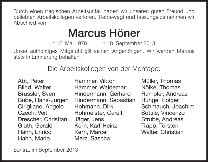  Traueranzeige für Marcus Höner vom 28.09.2013 aus Eschwege