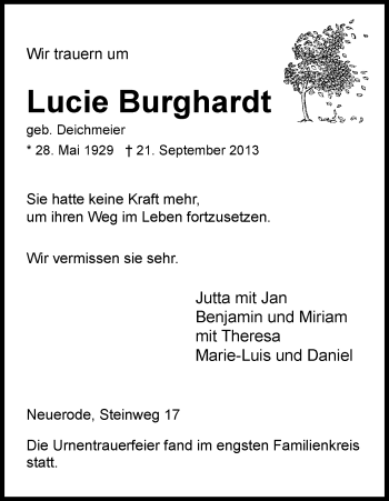 Traueranzeige von Lucie Burghardt von Eschwege