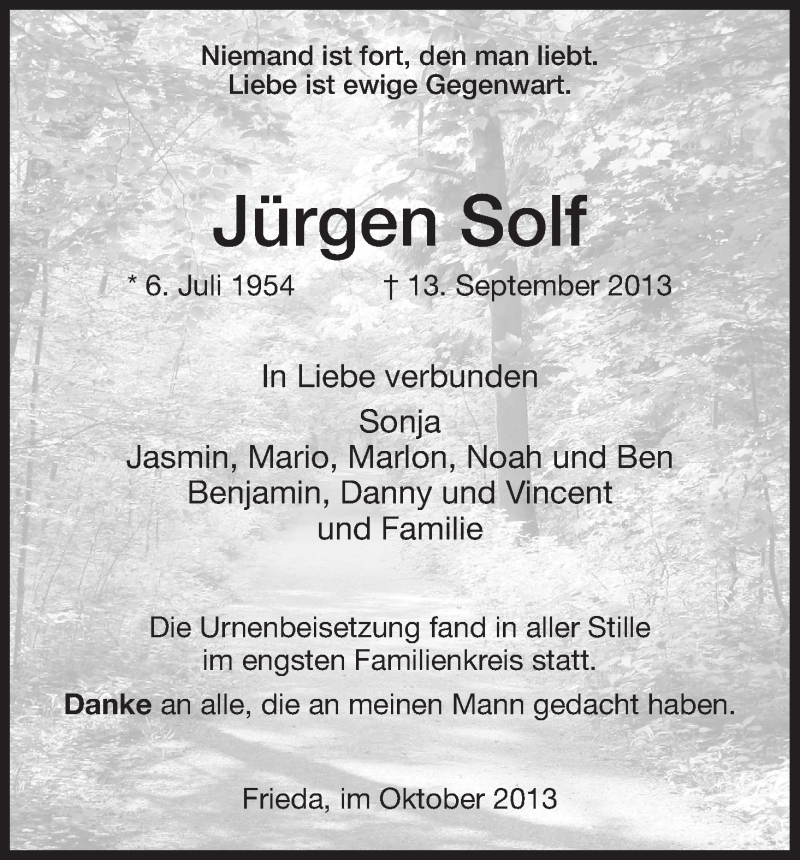  Traueranzeige für Jürgen Solf vom 05.10.2013 aus Eschwege