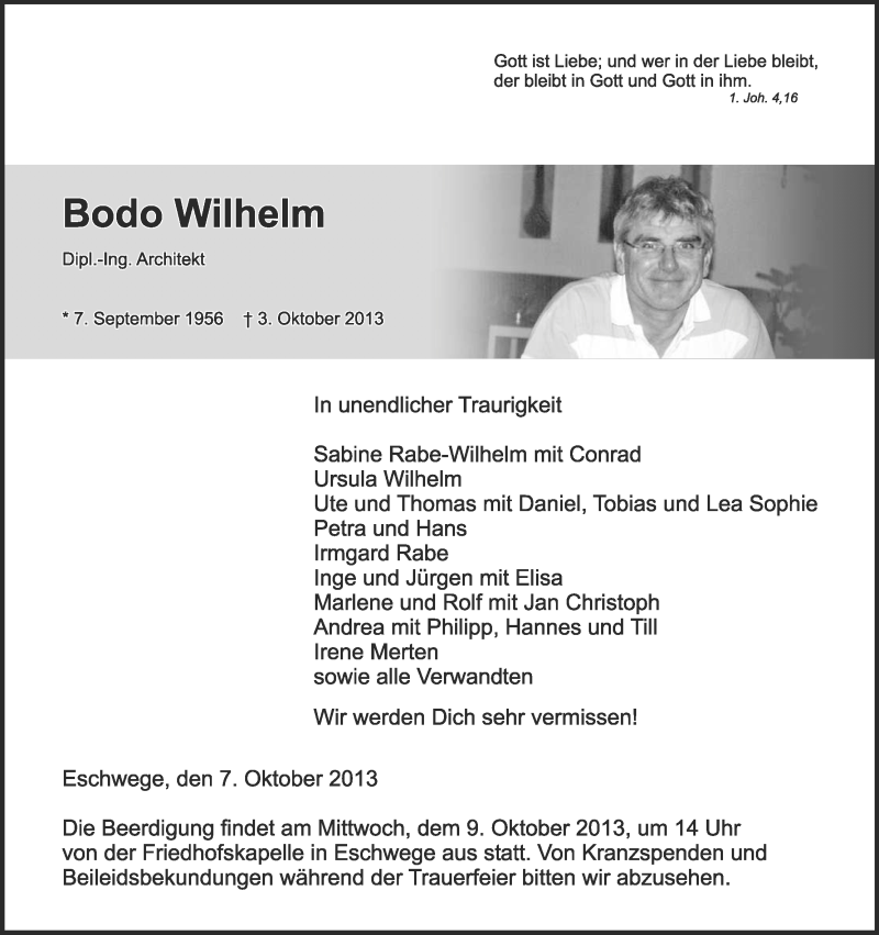  Traueranzeige für Bodo Wilhelm vom 07.10.2013 aus Eschwege