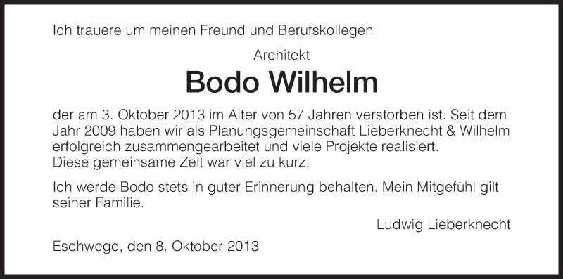  Traueranzeige für Bodo Wilhelm vom 08.10.2013 aus Eschwege