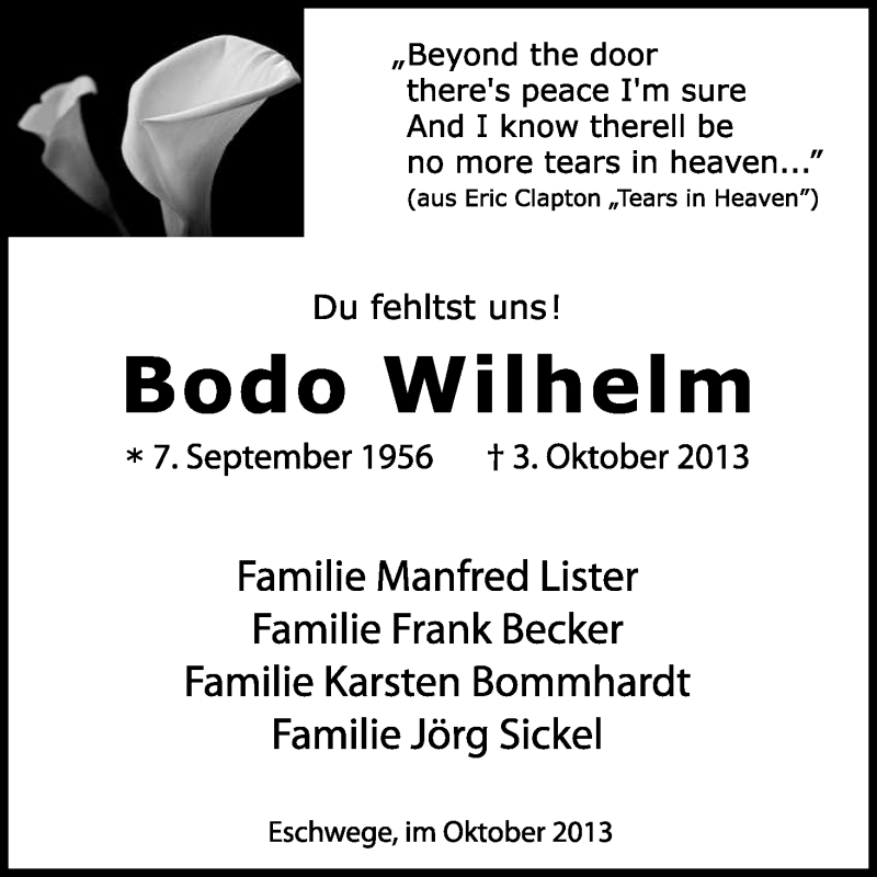  Traueranzeige für Bodo Wilhelm vom 09.10.2013 aus Eschwege