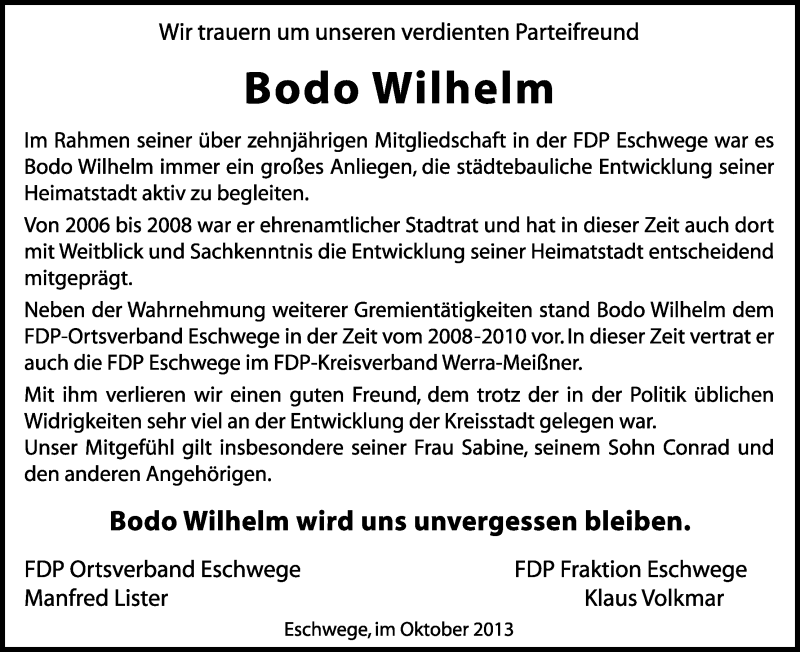  Traueranzeige für Bodo Wilhelm vom 09.10.2013 aus Eschwege
