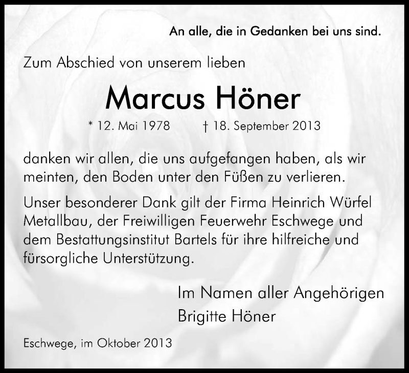  Traueranzeige für Marcus Höner vom 12.10.2013 aus Eschwege