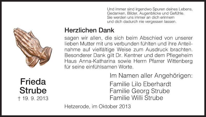  Traueranzeige für Frieda Strube vom 12.10.2013 aus Eschwege