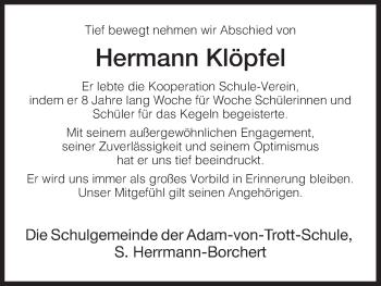 Traueranzeige von Hermann Klöpfel von Eschwege