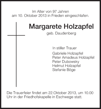 Traueranzeige von Margarete Holzapfel von Eschwege
