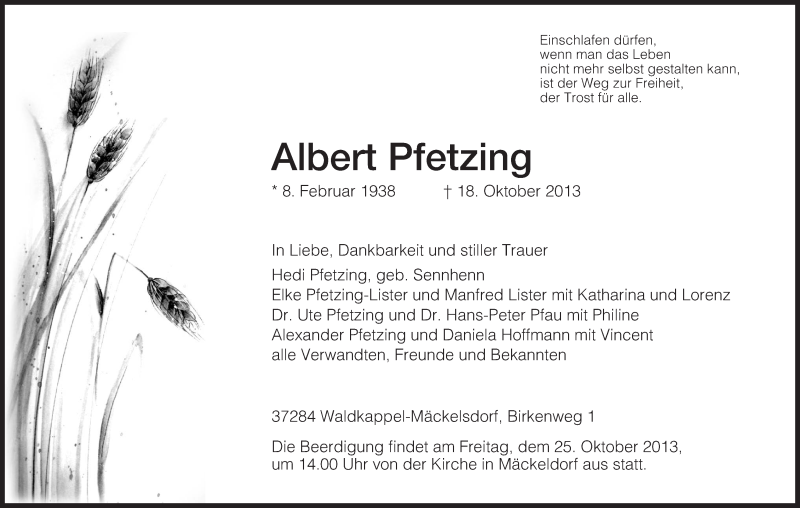  Traueranzeige für Albert Pfetzing vom 23.10.2013 aus Eschwege