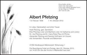Traueranzeige von Albert Pfetzing von Eschwege