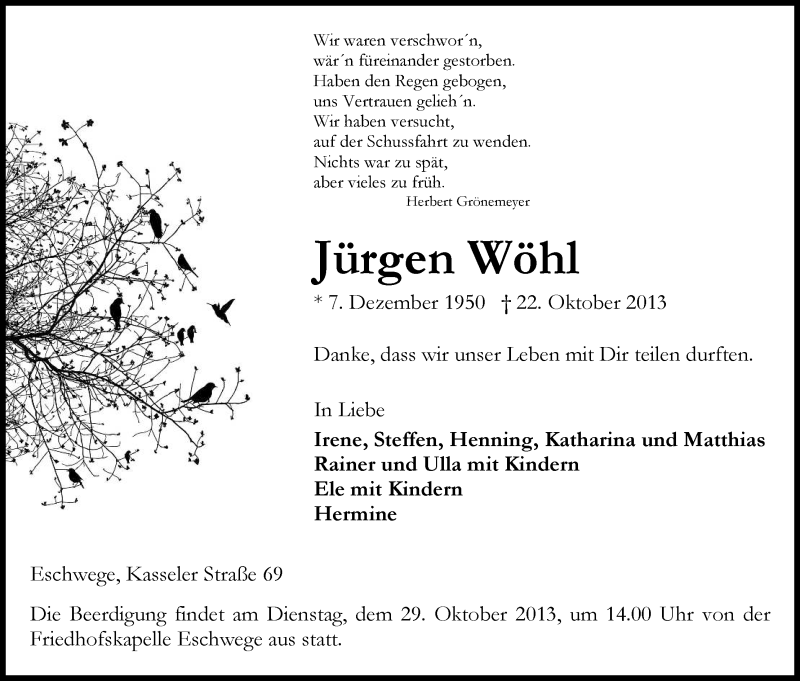  Traueranzeige für Jürgen Wöhl vom 26.10.2013 aus Eschwege