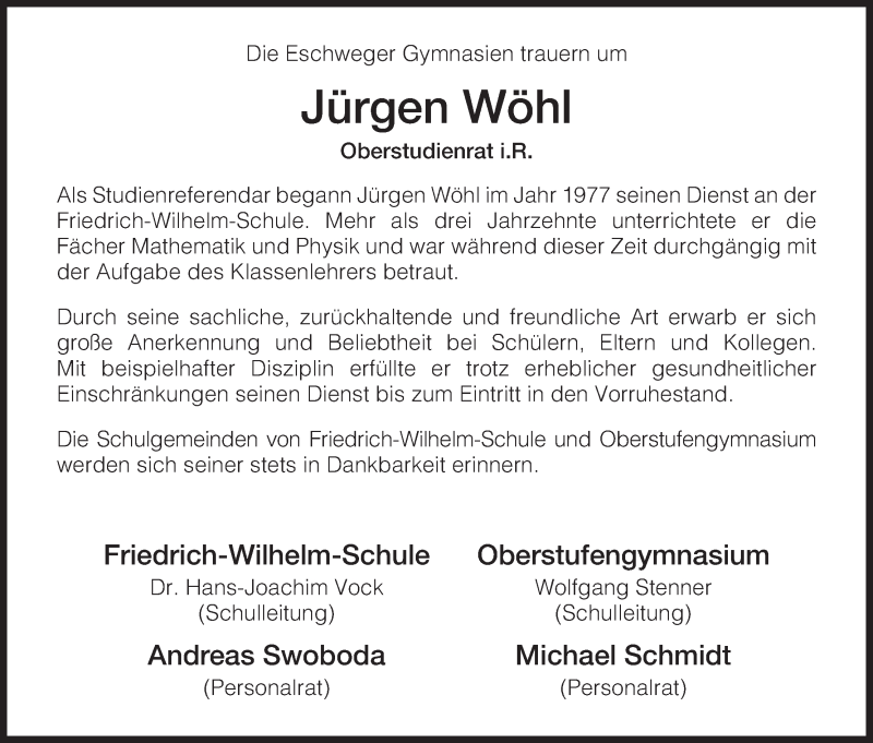  Traueranzeige für Jürgen Wöhl vom 29.10.2013 aus Eschwege