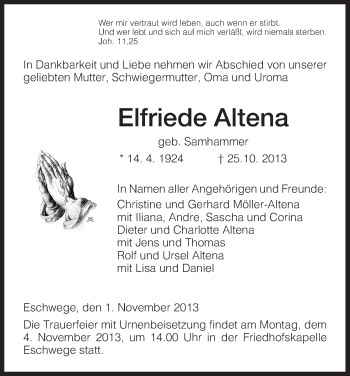 Traueranzeige von Elfriede Altena von Eschwege