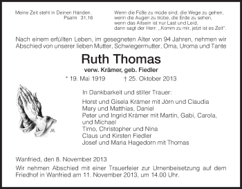 Traueranzeige von Ruth Thomas von Eschwege