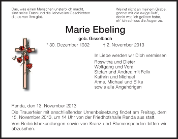 Traueranzeige von Marie Ebeling von Eschwege