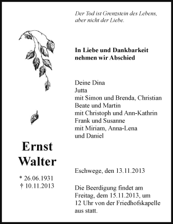 Traueranzeige von Ernst Walter von Eschwege