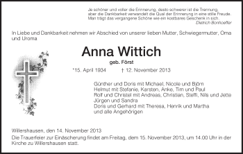 Traueranzeige von Anna Wittich von Eschwege