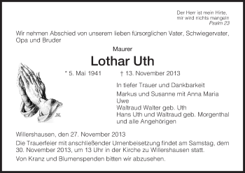 Traueranzeige von Lothar Uth von Eschwege