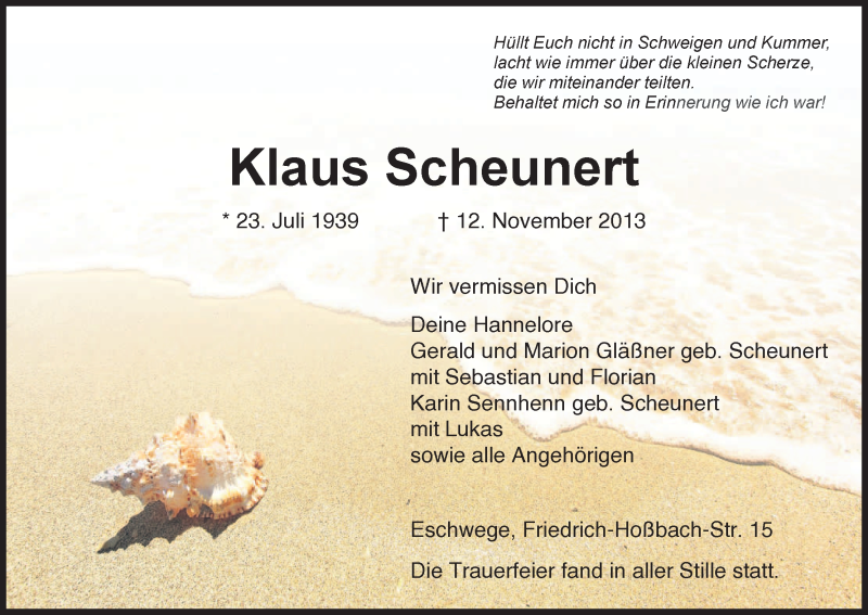  Traueranzeige für Klaus Scheunert vom 20.11.2013 aus Eschwege