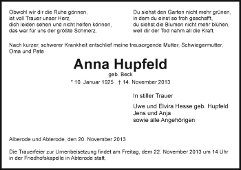 Traueranzeige von Anna Hupfeld von Eschwege