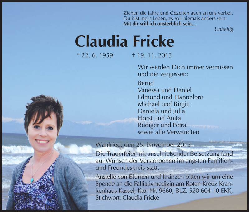  Traueranzeige für Claudia Fricke vom 25.11.2013 aus Eschwege