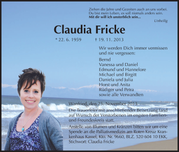 Traueranzeige von Claudia Fricke von Eschwege