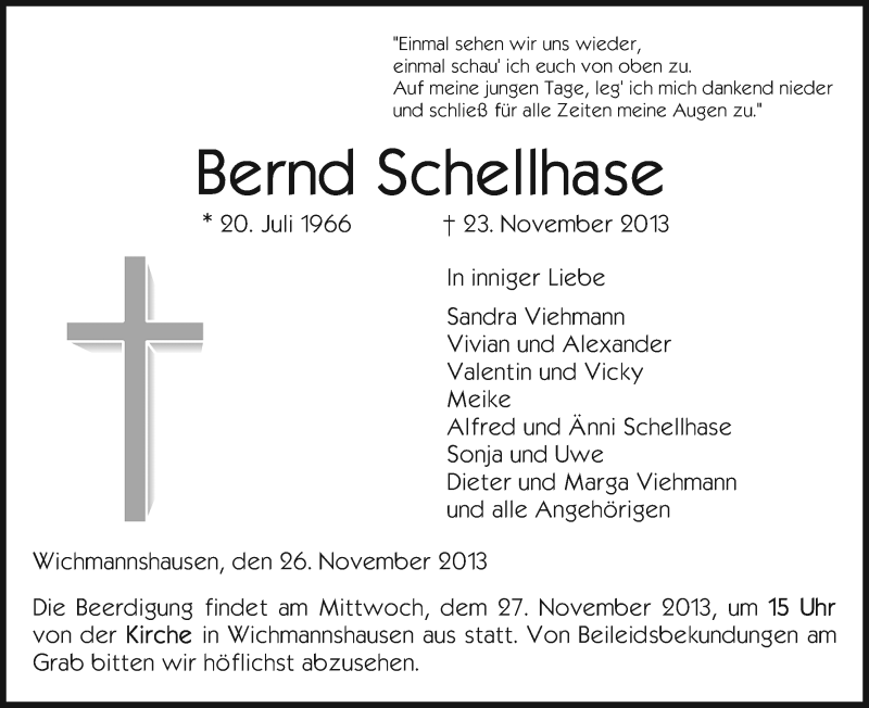 Traueranzeige für Bernd Schellhase vom 26.11.2013 aus Eschwege