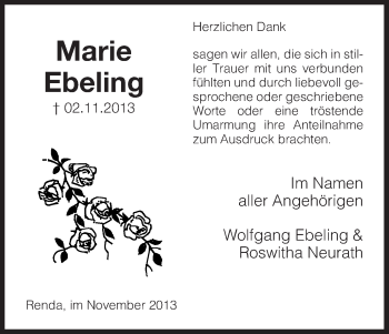 Traueranzeige von Marie Ebeling von Eschwege